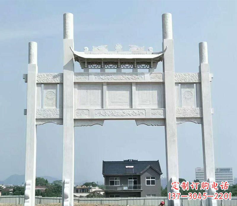 仙桃道路三门牌坊石雕 (4)