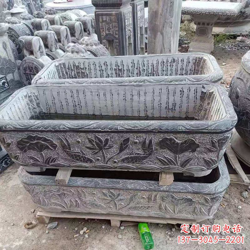 仙桃方形石槽雕塑,打造完美家庭养鱼石缸