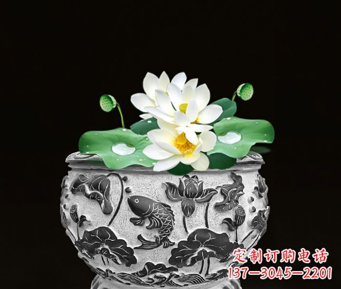 仙桃仿古荷花鲤鱼雕塑石水缸
