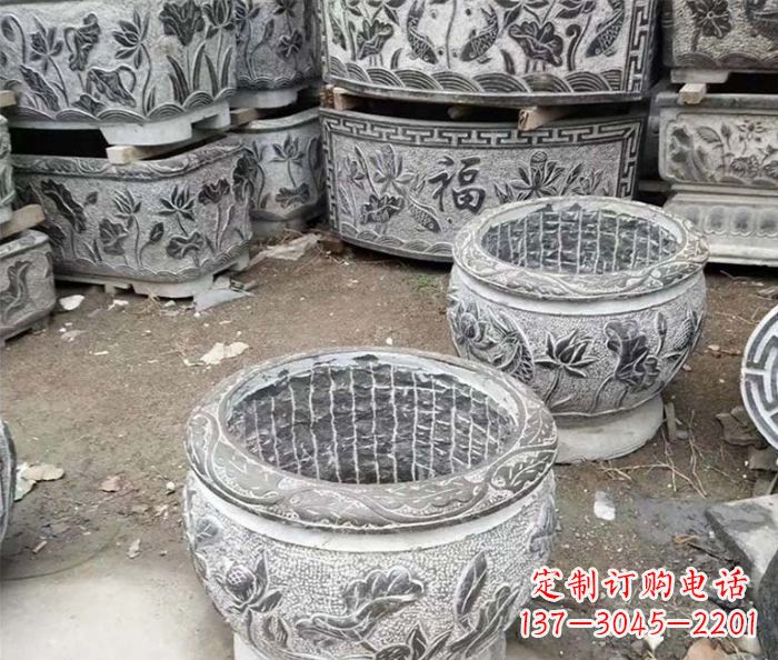 仙桃仿古荷花石浮雕水缸塑像