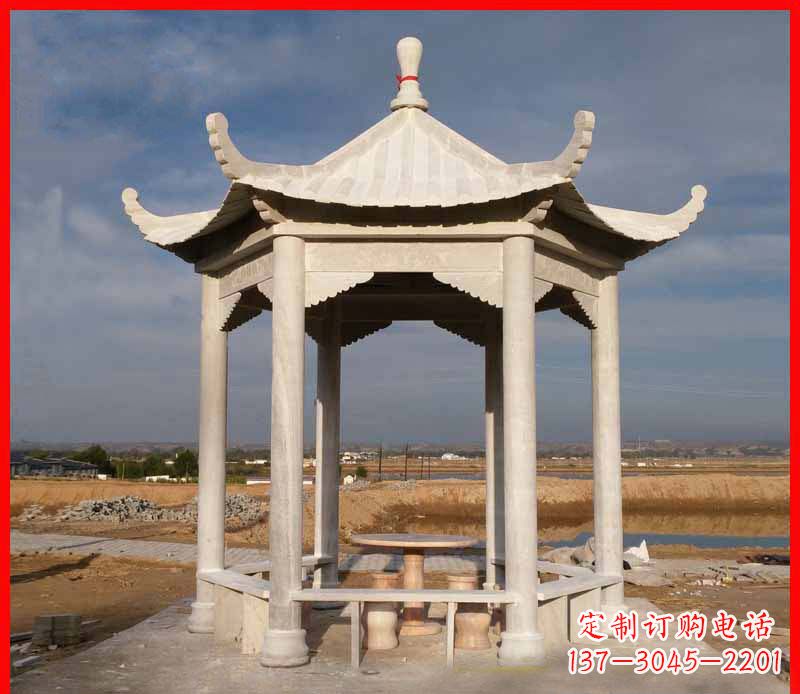 仙桃公园大理石六角石雕凉亭 (2)