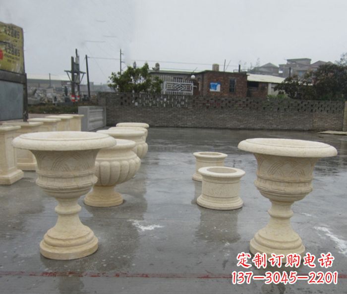 仙桃完美绽放——大理石花盆石雕