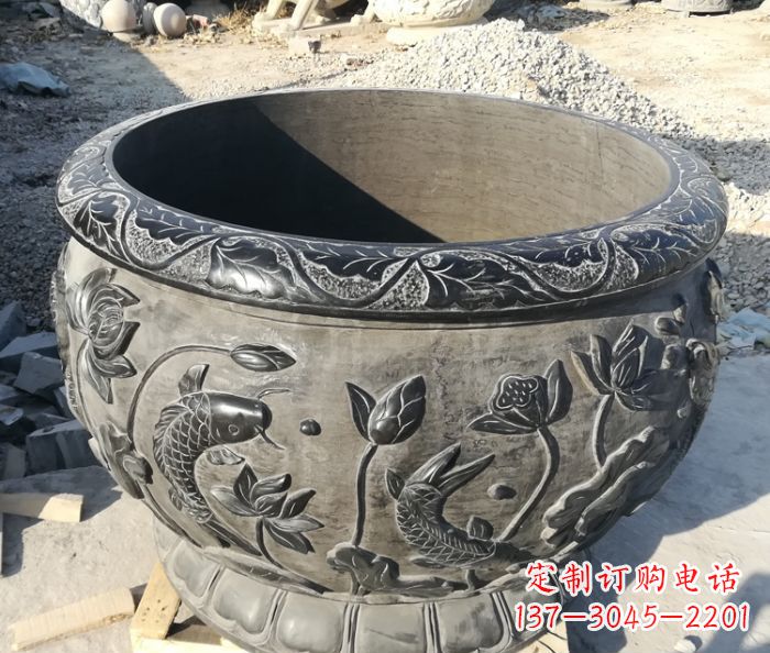 仙桃青石仿古雕塑荷花水缸