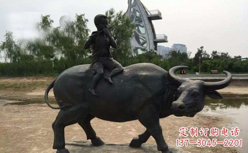 仙桃公园铜雕牧童骑牛动物雕塑