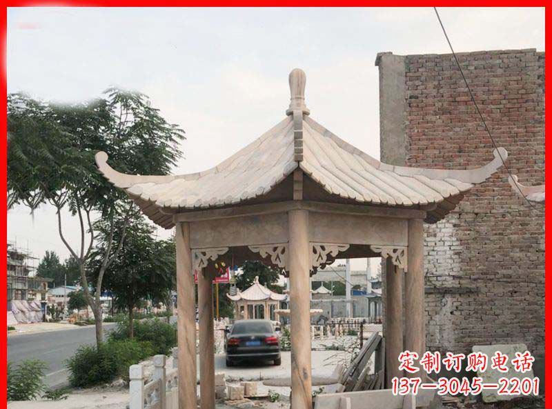 仙桃公园晚霞红六角石凉亭雕塑