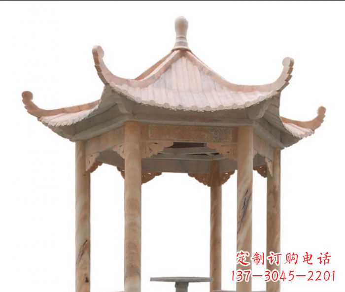 仙桃美丽而优雅的公园晚霞红六角石凉亭雕塑