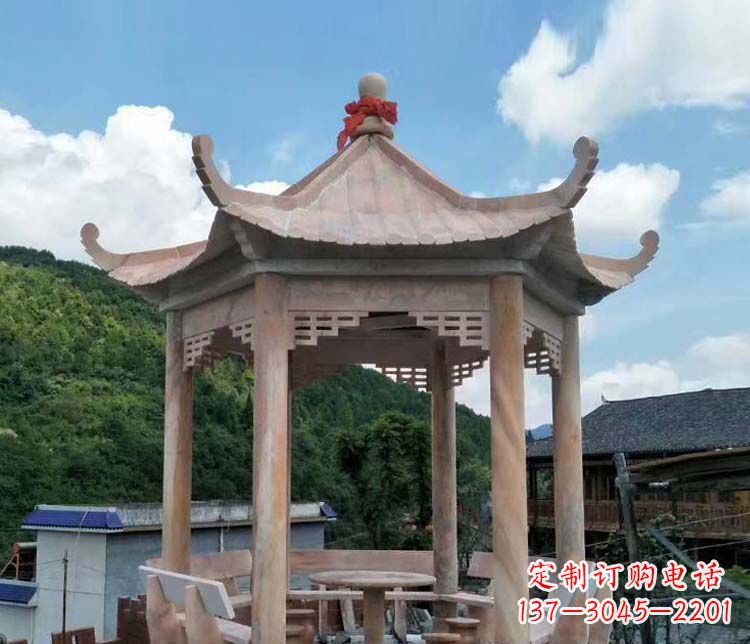 仙桃一流的公园晚霞红六角石雕凉亭