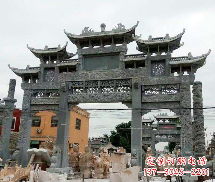 仙桃景区三门牌坊石雕 (3)
