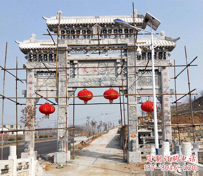 仙桃传统工艺精致三门牌坊石雕