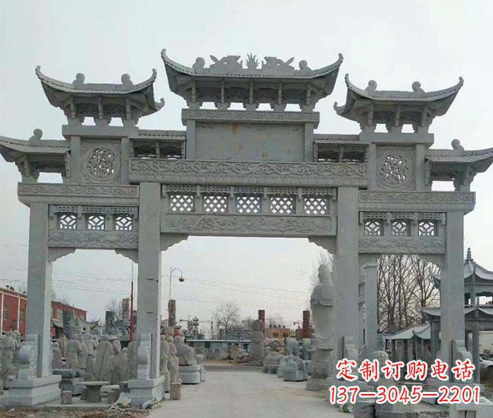仙桃三门牌坊石雕,精美汉风石雕装饰景区
