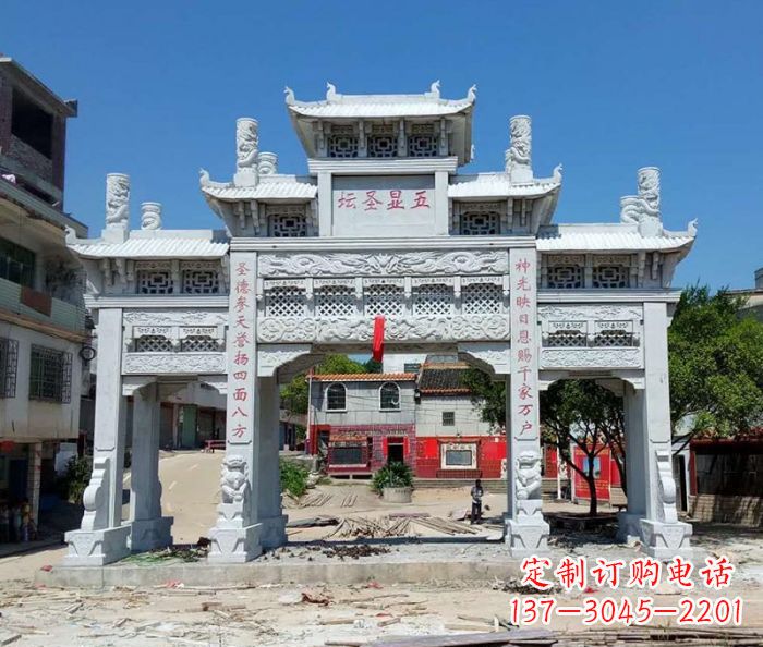 仙桃景区三门牌坊石雕_2 (2)