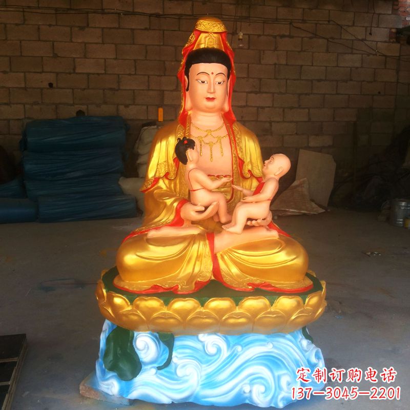 仙桃送子观音彩绘漆金雕塑