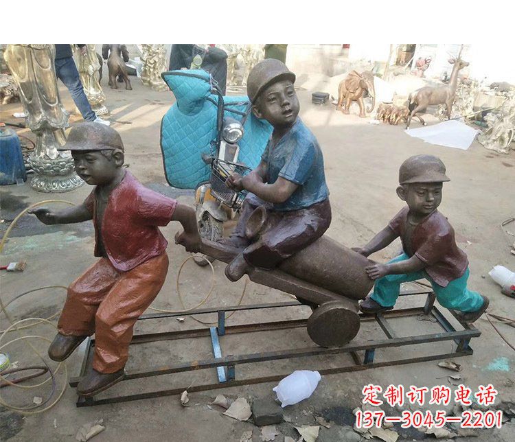 仙桃铜雕彩绘庭院玩耍儿童雕塑