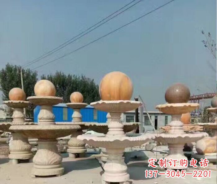 仙桃晚霞红多层风水球喷泉石雕