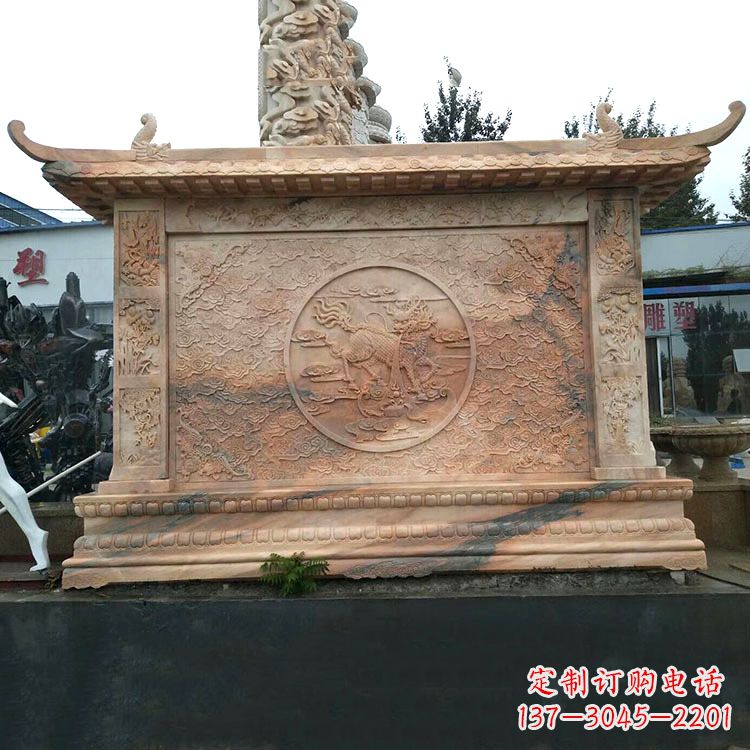仙桃晚霞红麒麟影壁墙石雕