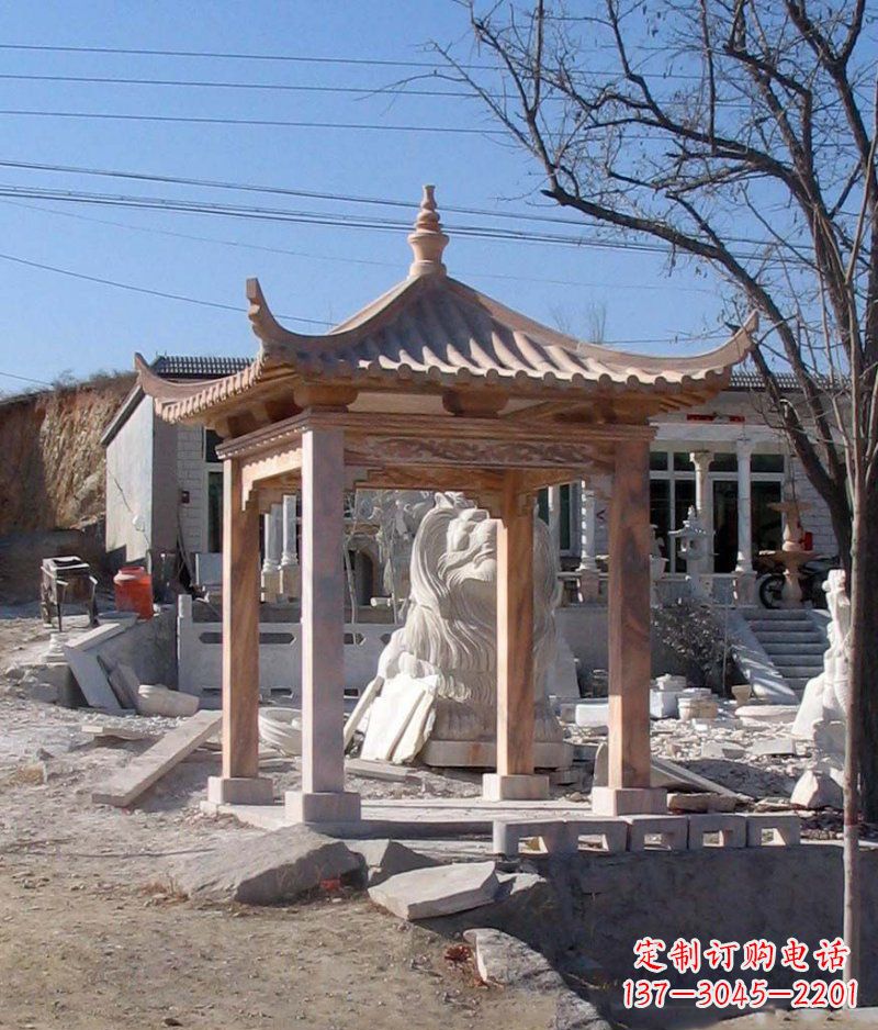 仙桃晚霞红四角凉亭景观石雕