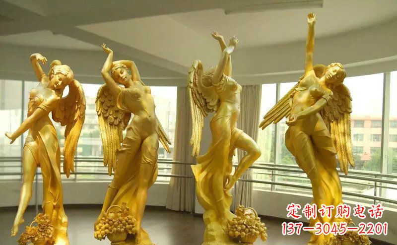 仙桃舞蹈四女神玻璃钢仿铜人物雕塑