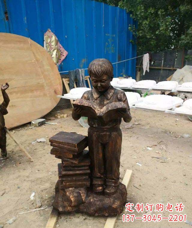 仙桃小孩看书玻璃钢仿铜人物雕塑