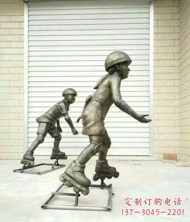 仙桃小孩玩轮滑公园人物铜雕