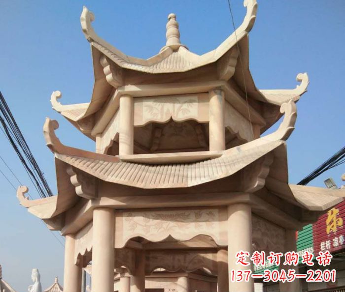 仙桃园林景观晚霞红双层石雕凉亭 (2)