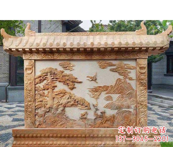 仙桃园林景观晚霞红松鹤石浮雕影壁
