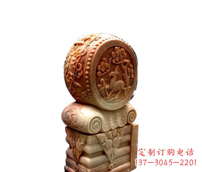 仙桃招财石门墩晚霞红抱鼓石